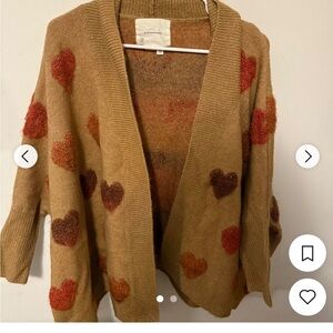 Anthropologie Tan Cardigan with Red Heart Pattern